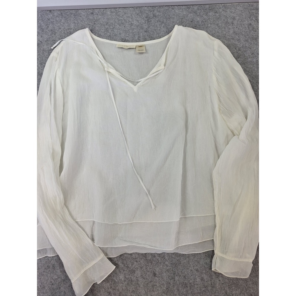 J. Jill Womens Ivory Rayon Crinkle V-Neck Tie Blouse Double Layer Hem LP - Picture 1 of 5